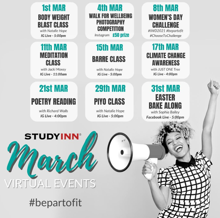 Study Inn events calendar for the month of March for resident students