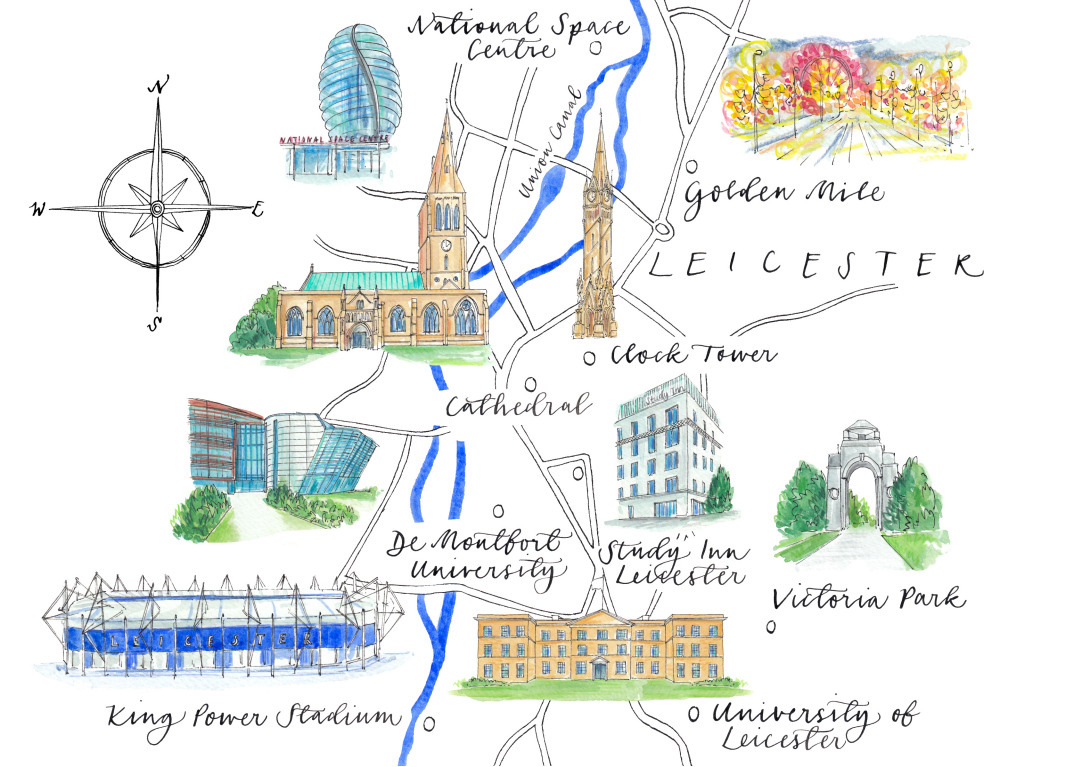 Leicester illustrative map by Study Inn