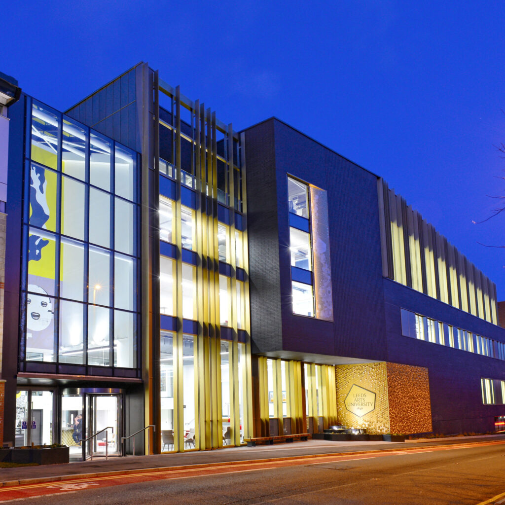 Leeds Art University exterior shot at night time.