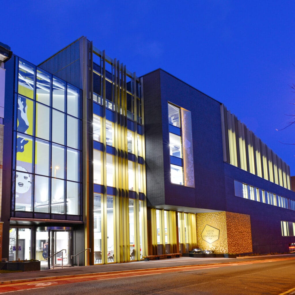 Leeds Art University exterior shot at night time.