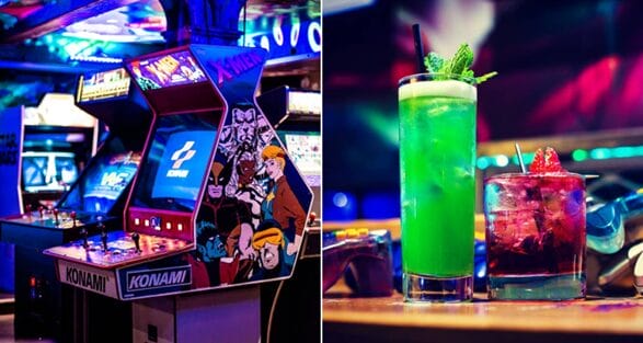 Arcade gaming machine and two cocktails at NQ64 venue in Leeds.