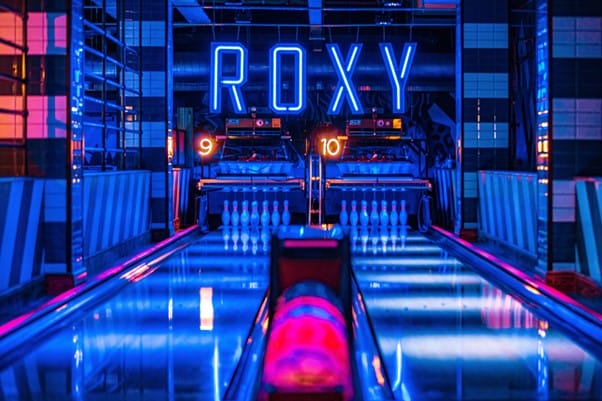 Two empty bowling lanes at Roxy bowling in Leeds.