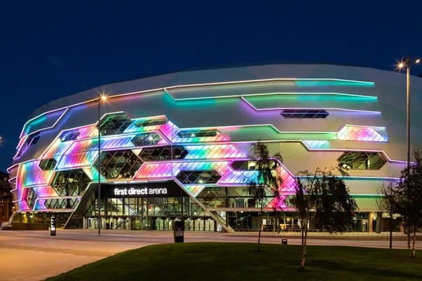 First Direct Area exterior shot at night, Leeds.